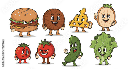 A delightful collection of Funny Cartoon Characters, bringing various food items to life with playful and expressive personalities in vibrant vector illustrations