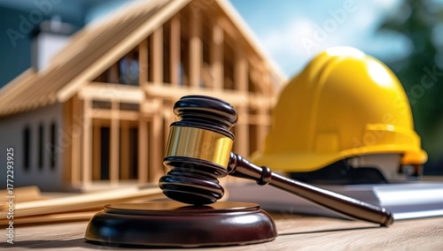 A gavel rests on a surface with a construction helmet and a house frame in the background, symbolizing the intersection of law and construction.