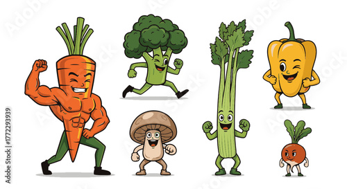 Cheerful Funny Cartoon Characters illustrate healthy eating with muscular carrots, running broccoli, and active celery for wellness