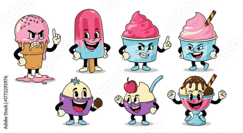 An adorable array of Funny Cartoon Characters bringing sweet life to various ice cream treats, popsicles, and sundaes with expressive, quirky personalities