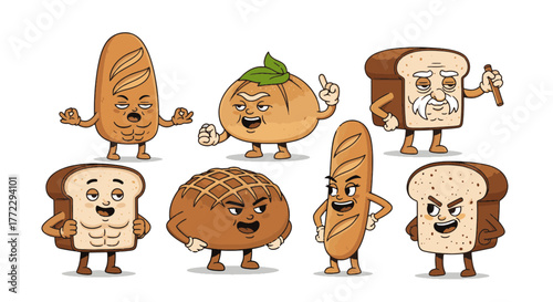 Charming and Funny Cartoon Characters An animated bread collection with unique expressions for playful designs and engaging themes