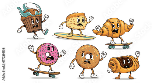 Funny Cartoon Characters Animated Baked Goods Skateboarding and Surfing with Humorous Expressions, Playful Pastries