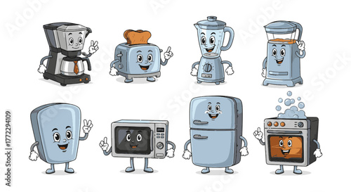 Funny Cartoon Characters Bring Kitchen Appliances to Life with Joyful, Expressive Personalities, Ideal for Playful Designs