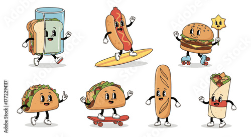 Funny Cartoon Characters Whimsical retro food mascots engaging in playful and active adventures, bringing joy