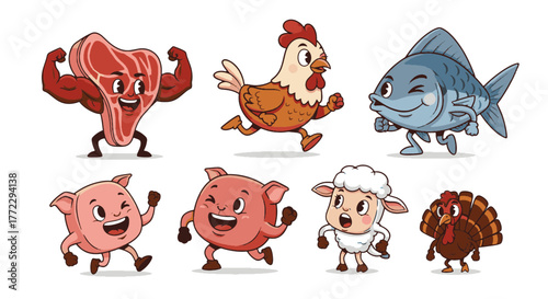 A Whimsical Collection of Funny Cartoon Characters Depicting Meats and Farm Animals in Playful Poses and Active Scenarios