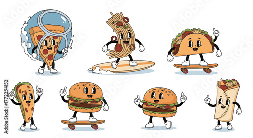 Whimsical and Funny Cartoon Characters of popular fast food items, showcasing a vibrant retro aesthetic with playful surfing and skateboarding adventures