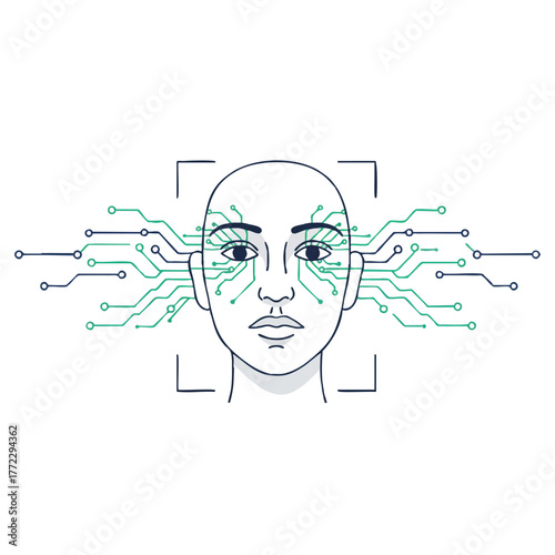 A minimalistic 2D flat vector illustration showing biometric security technology scanning a human profile face, signifying authentication and digital privacy against a clean white background.