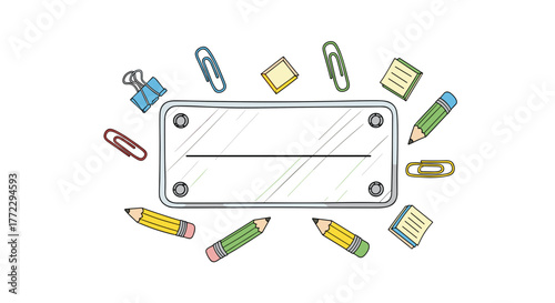 Acrylic nameplate with colorful stationery, isolated on white