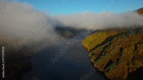 紅葉を覆う霧が朝陽を受けて虹色に輝くのは新潟県魚沼市の奥只見湖