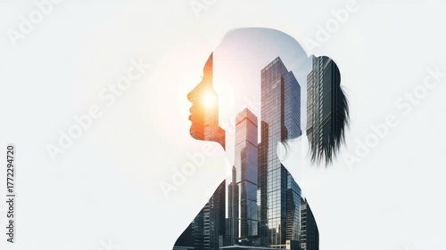 Silhouette of woman with city buildings overlayed on white background in double exposure style