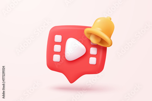 3d social media play video with bell notification. Red round play button for start multimedia with alert concept of video, audio playback. 3d media player button icon rendering vector illustration