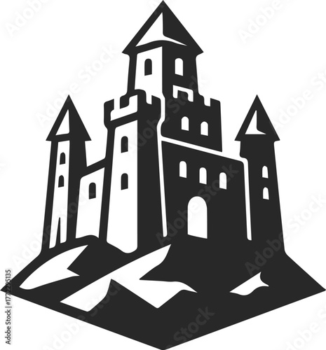 Logo of a tower standing on a rock, icon of a fortress or tower built on a rock, icon in black color.
