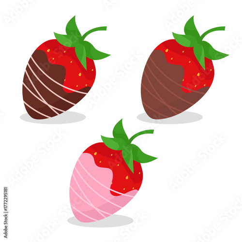 Tasty strawberry in chocolate pink milky and dark vibrant delicious flat illustration