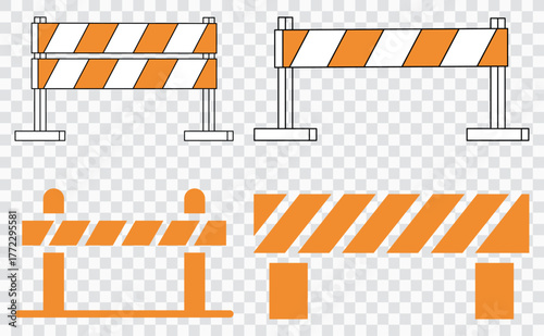 Orange and White Construction Road Barriers Collection, Safety Warning Barricades Set Vector
