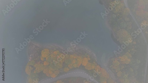霧と紅葉がう美しい湖畔道路は新潟県魚沼市の奥只見湖