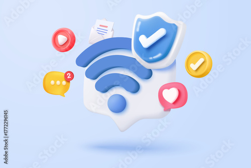 3d wireless connection and sharing network with shield protection icon. Hotspot access point for digital online coverage. Broadcast area with WiFi. 3d wireless signal icon render vector illustration