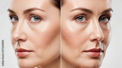 Woman's face split showing skin before and after treatment with eyes closed against grey background