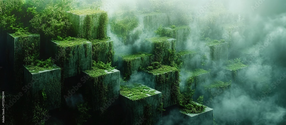 Obraz premium A surreal landscape with moss-covered structures emerging from mist, blending nature and architecture in a dreamlike scene.