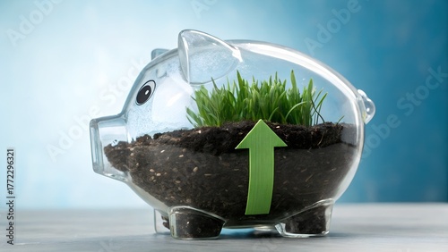 Watch your savings grow like grass in this playful piggy bank, an investment in a greener future and financial success with a rising green arrow
