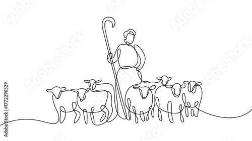 Shepherd with Staff and Flock of Sheep Single Line Drawing on Black image on png transparent background