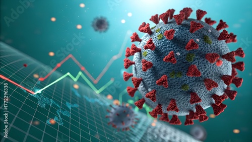 Dramatic close-up of a virus with data trends, perfect for illustrating healthcare, science, or economic recovery stories, conveying resilience and progress