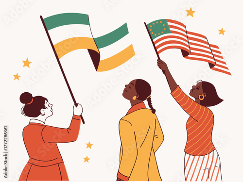 Diverse women uniting under American and Ivorian flags in a celebration of international partnership and cultural pride