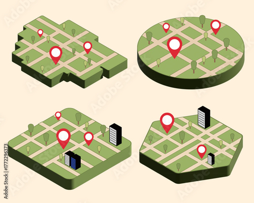 Isometric Map with Location Pins and Buildings