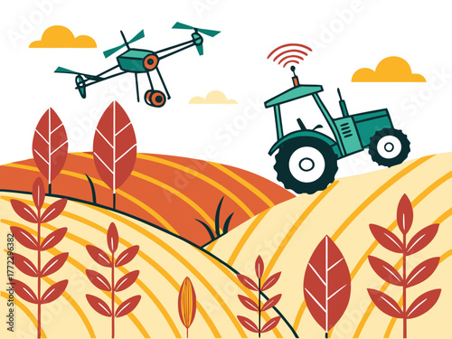 Smart farming concept with a drone and an autonomous tractor working together in a modern agricultural field illustration