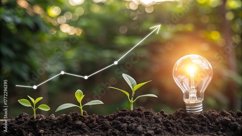 Sustainable growth concept with seedlings, upward trending graph, and lightbulb representing new ideas for eco-friendly business ventures