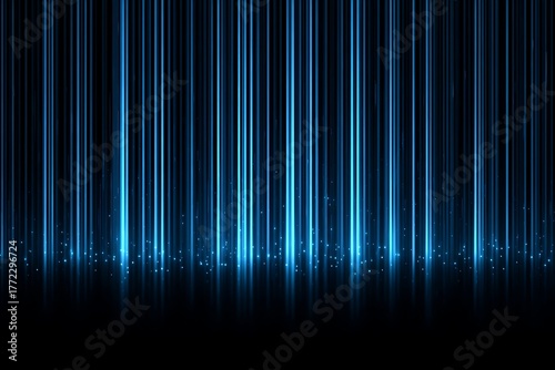 Abstract Blue Light Columns on Black Backdrop Creates Dynamic Digital Background and Visual