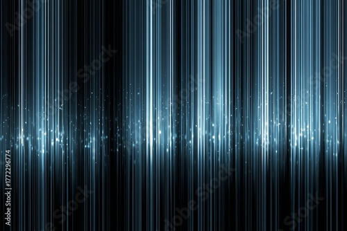Abstract Blue Light Vertical Beams Background with Sparkles and Dark Space