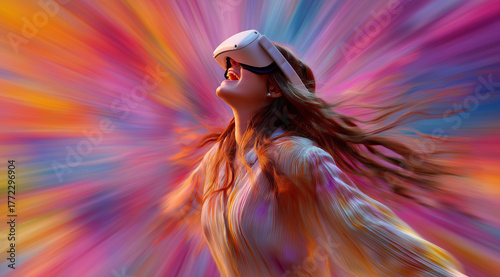Girl in hi-tech VR glasses with elements of motion. Background in a high-tech style. Shining lines resembling neural networks, connections, and digital circuits.	