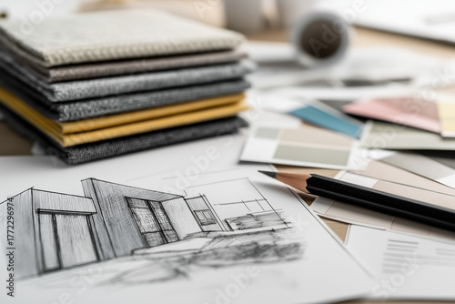 Interior moodboard with textures, pencil, sketches, and design samples. A clean and modern composition ideal for architectural, furniture, or home decor stock use.	