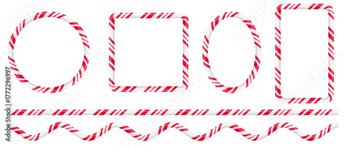 Set of candy cane borders in the shape of square, circle and oval. Vector Christmas candy frames. Striped candy lollipop pattern brush.