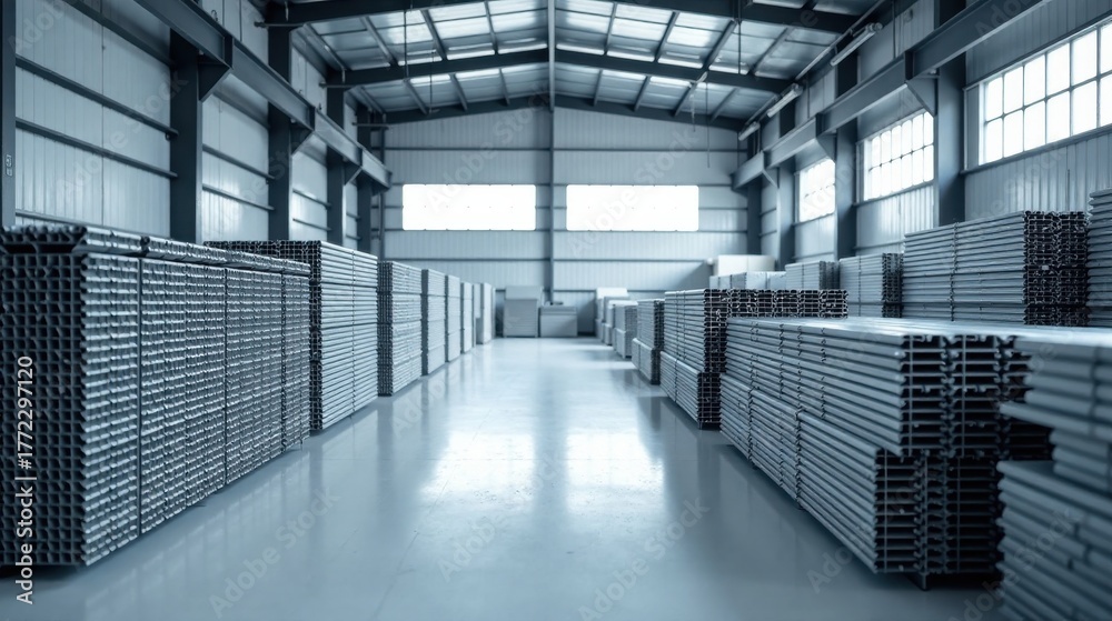 Fototapeta premium A spacious industrial warehouse interior showcasing neatly stacked metal profiles, ready for distribution and construction projects.
