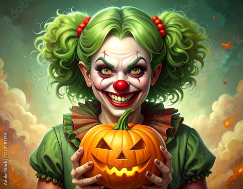 A menacing, green-haired clown grins, holding a carved jack-o'-lantern