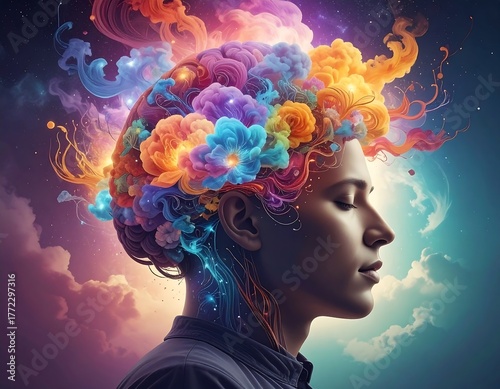 A profile view of a person with colorful, swirling clouds emerging from their head