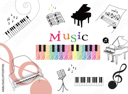 Music Icons & Piano Set – Hand-Drawn Grand Piano, Treble Clef, Rainbow Keyboard (EPS Vector)