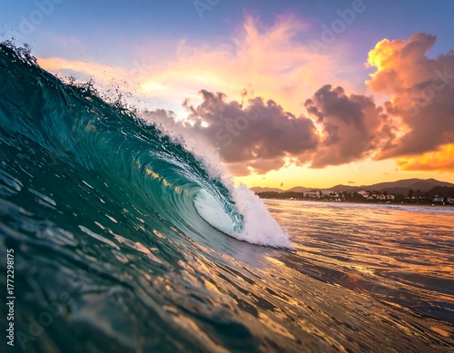 A turquoise ocean wave curls under a colorful sunset sky
