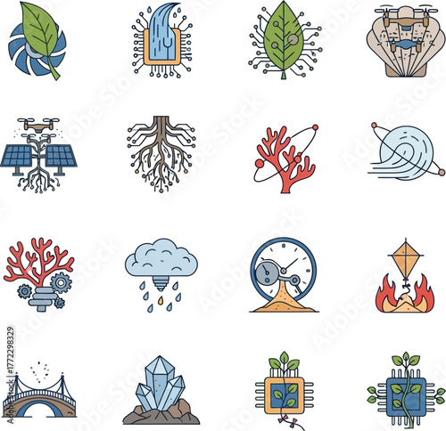 Collection of diverse environmental icons representing sustainability technology and nature conservation concepts
