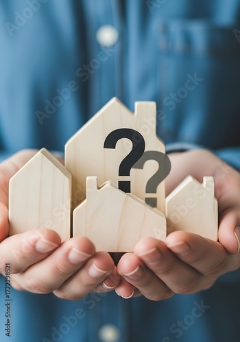 Wooden houses with question marks home uncertainty