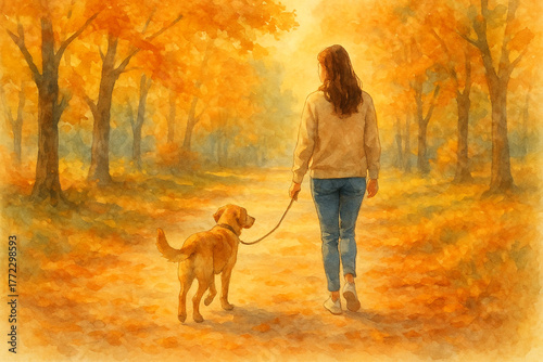 Woman Walking Her Dog in Autumn Park (AI-generated)