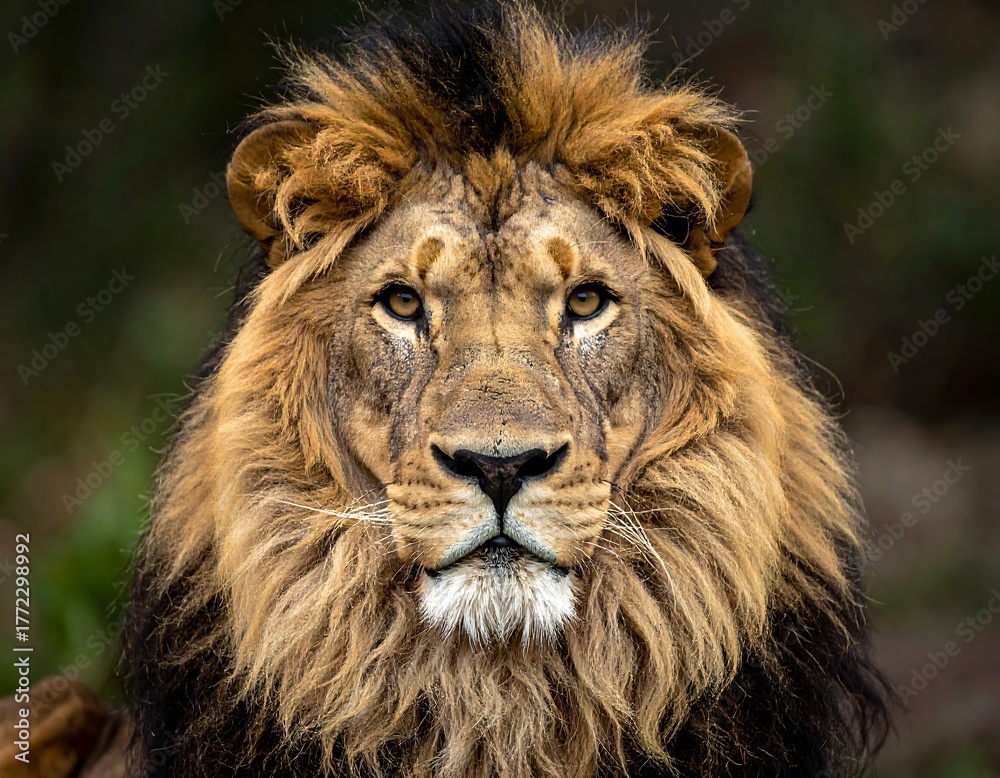 Fototapeta premium A majestic lion stares directly at the viewer with its striking mane and intense gaze