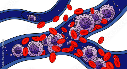 2D illustration of red blood cells and white blood cells flowing through a blue vein on a white background.