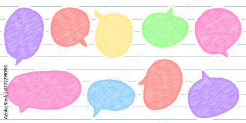Hand drawn sketch style speech balloons, crayon comic doodle frames on lined notebook background, chalk pencil vector illustration ideal for digital and print creative projects