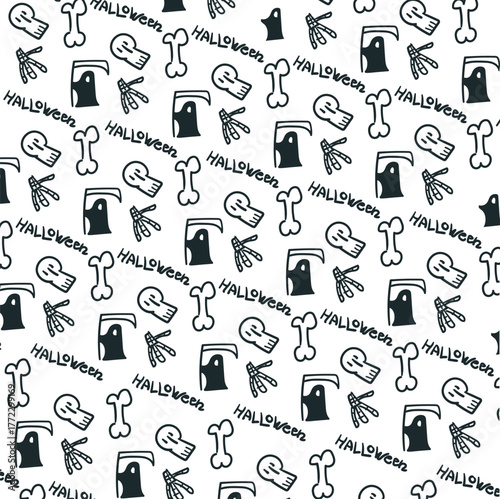 A Halloween-themed doodle art style featuring skulls, bones, the grim reaper, and words.