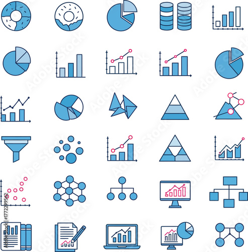 Collection of hand drawn business and data analysis icons for presentations and infographics