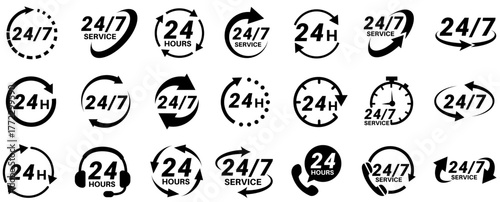 set collections 24 hours 7 days service assistance icon. 24 7 Call center sign customer service symbol labels template design illustration