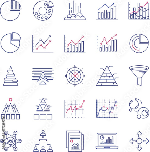 Collection of hand drawn business and finance infographic icons representing data analysis and growth