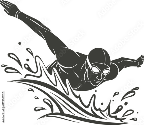 Swimmer in action with water splashes isolated on white background
